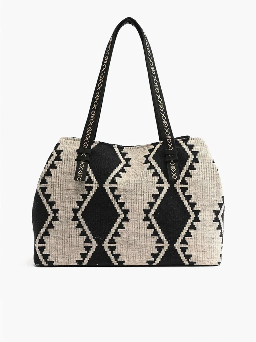 Boho Woven Black and Cream Weekender with Tassel Accents